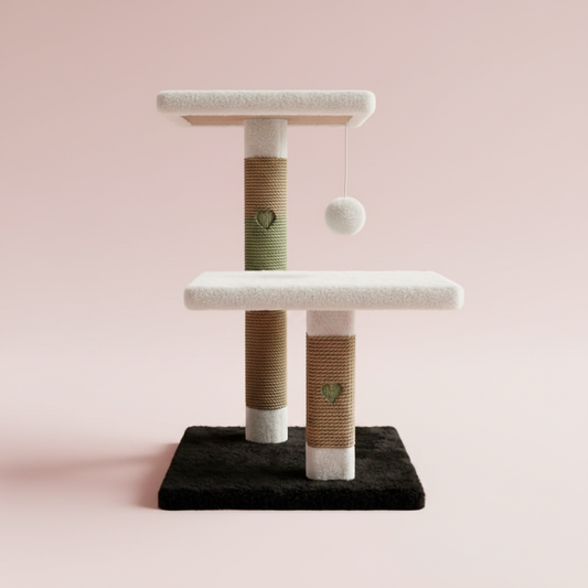 Two-tier cat tree pastel pink background