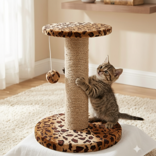 Kitten playing with leopard print cat scratching post