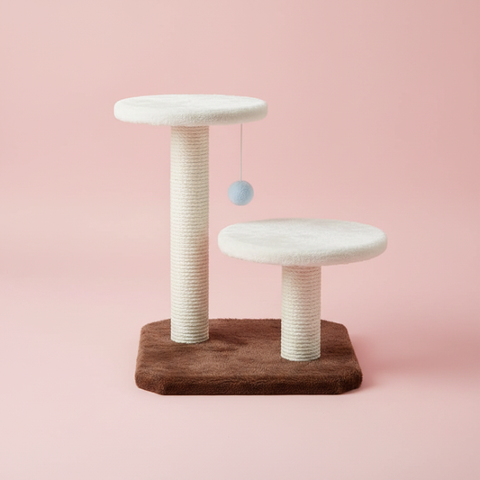 Two-tier fluffy cat tree left side pastel pink background