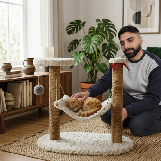 Man petting cat sleeping in cat tree hammock