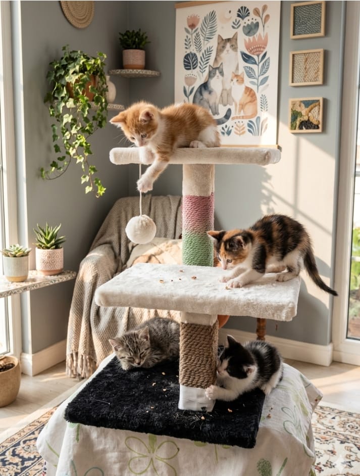 Three-Tier Black Cat Tree with Sisal Scratching Poles