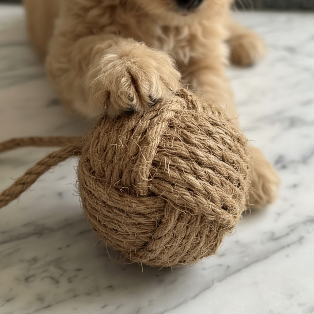 Close-up of jute rope ball dog toy
