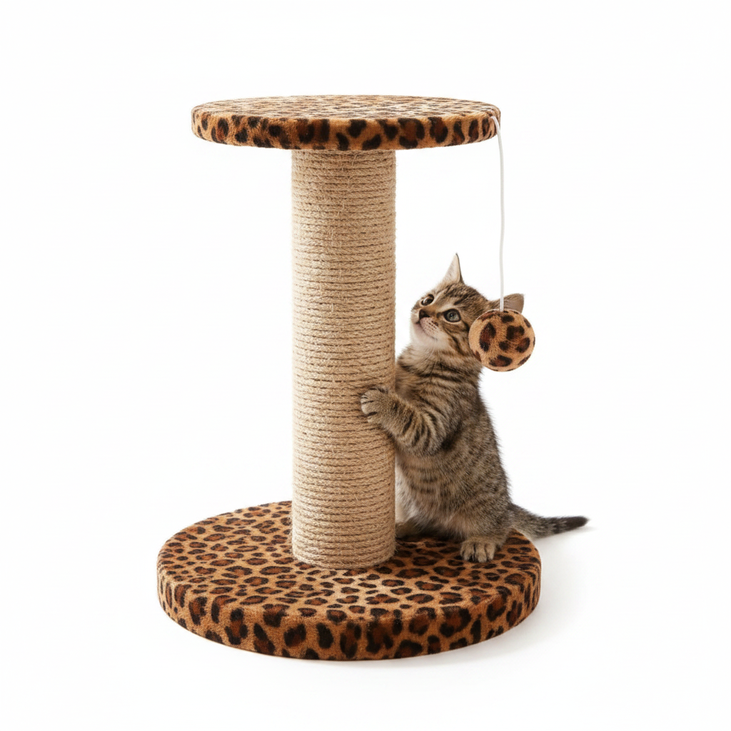 Leopard print cat scratching post right side view