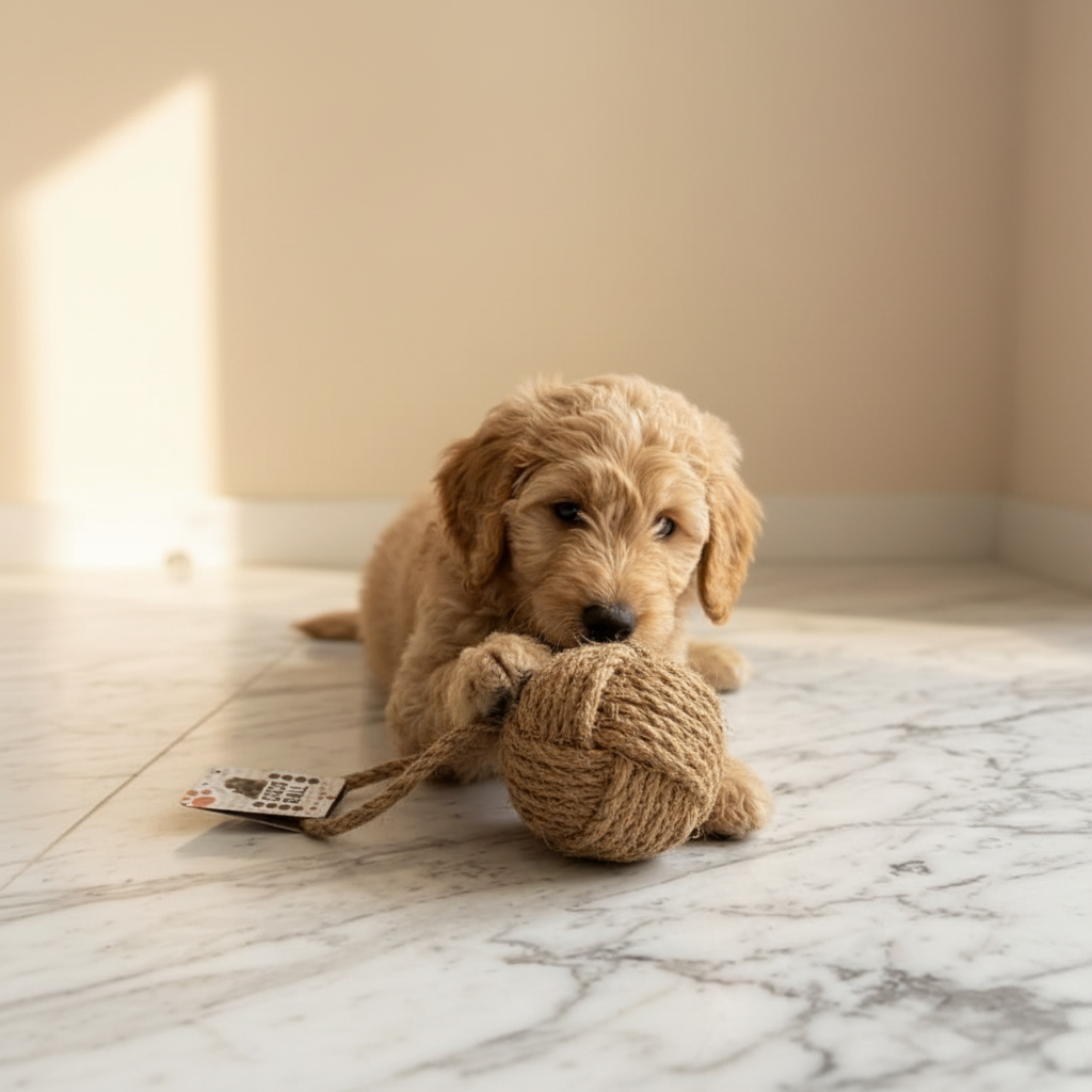Puppy playing with jute rope ball toy - front view