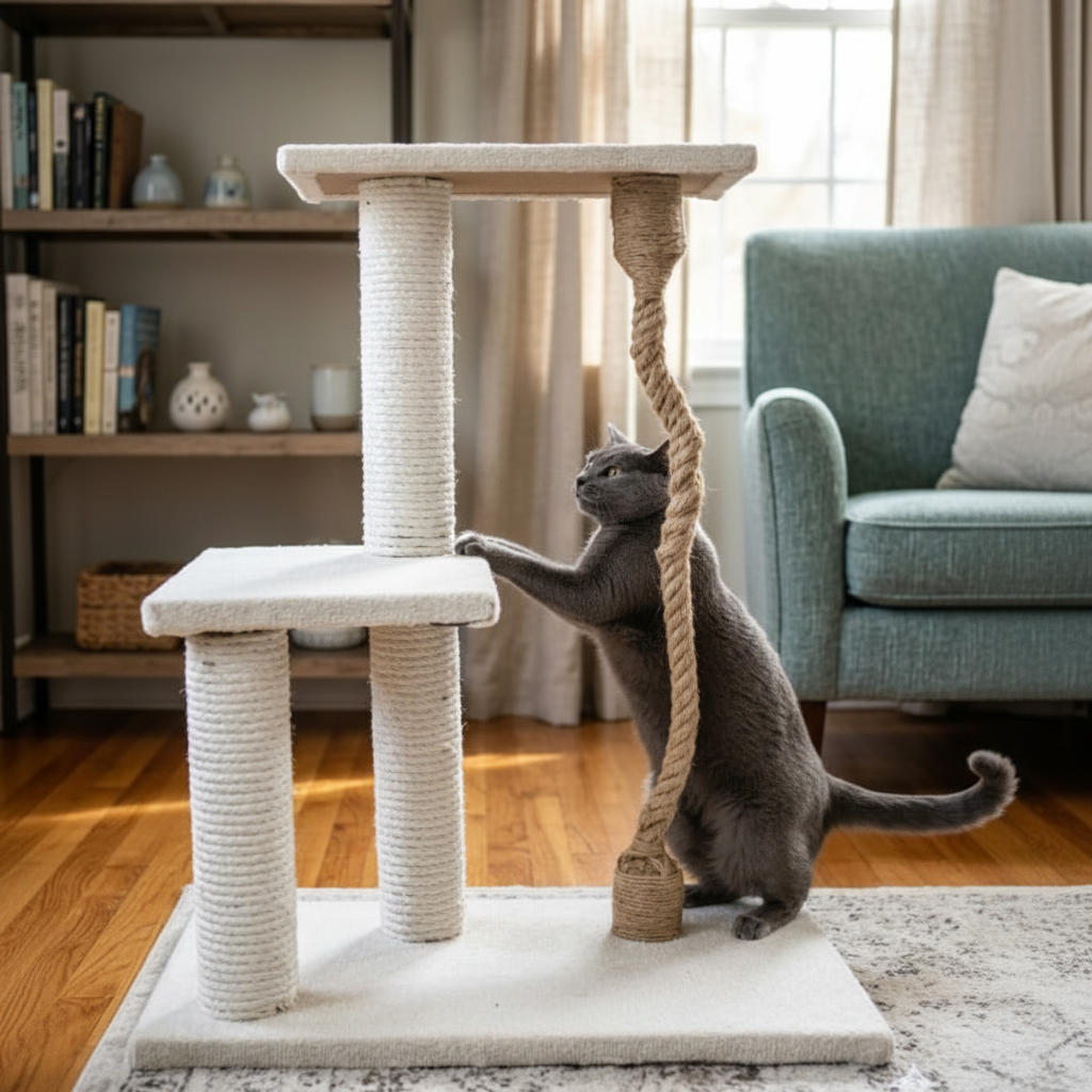 Grey cat playing on two-tier cat tree in living room