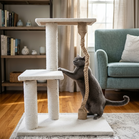 Grey cat playing on two-tier cat tree in living room
