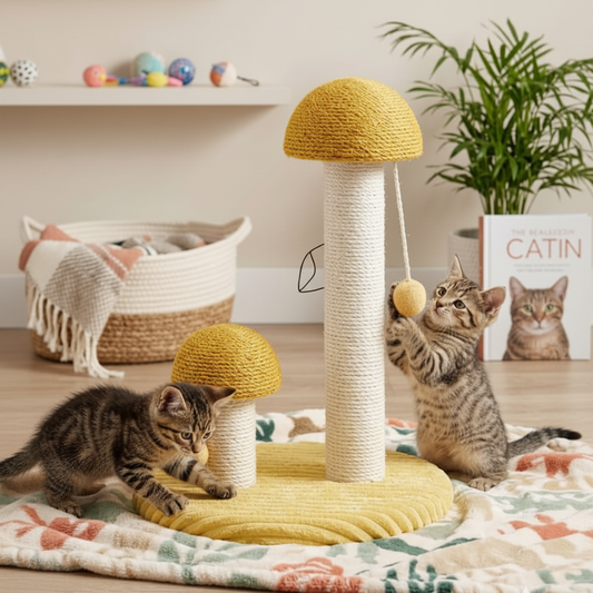 Kitten playing with mushroom cat scratching post