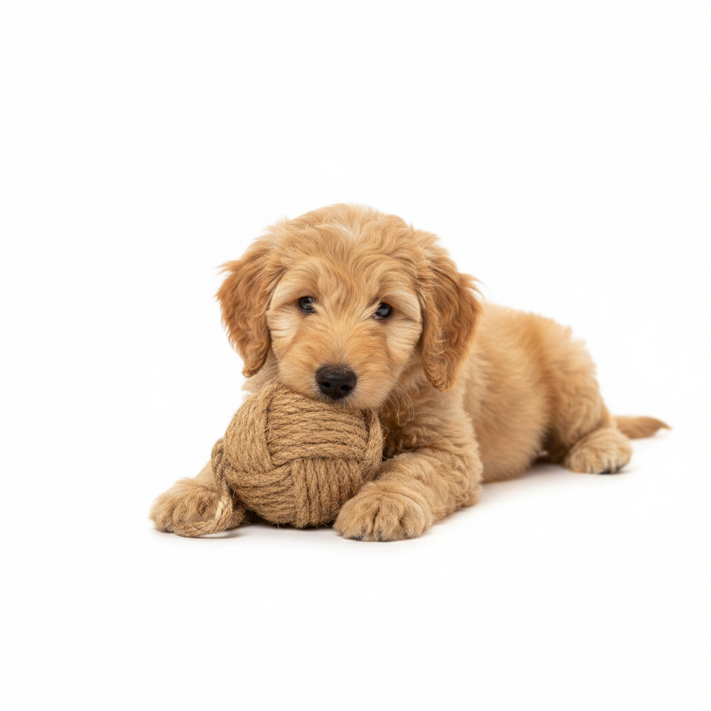 Puppy holding jute rope ball toy - 45 degree angle