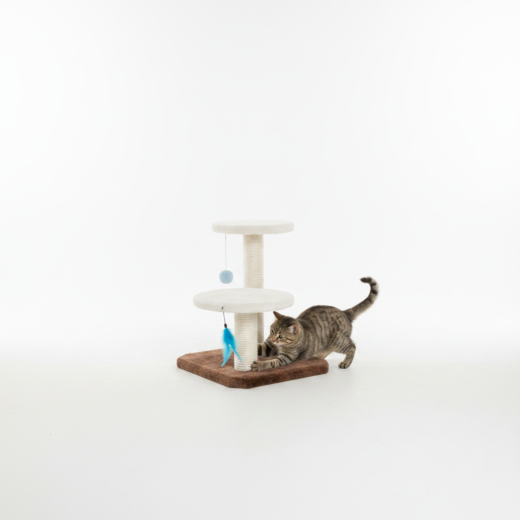 Two-tier fluffy cat tree front view white studio