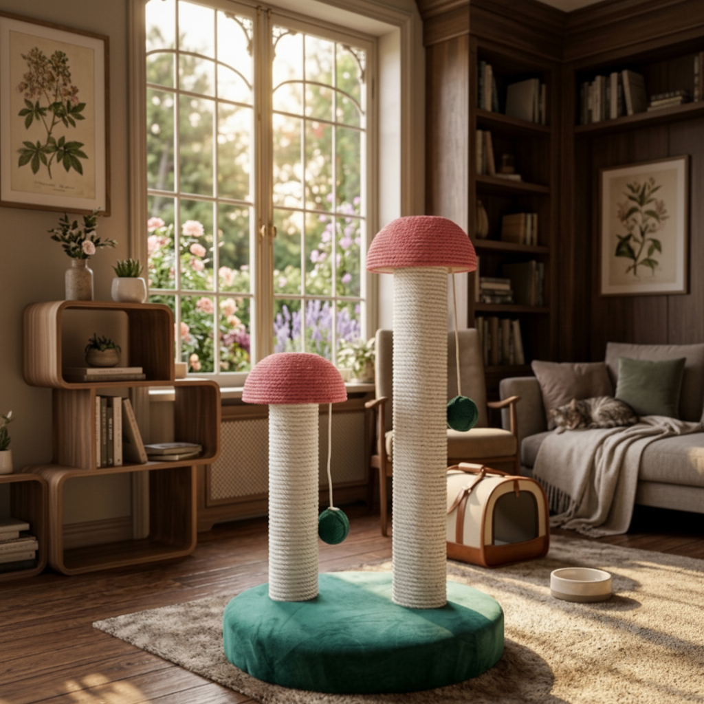 Double mushroom cat scratching post in cottage living room