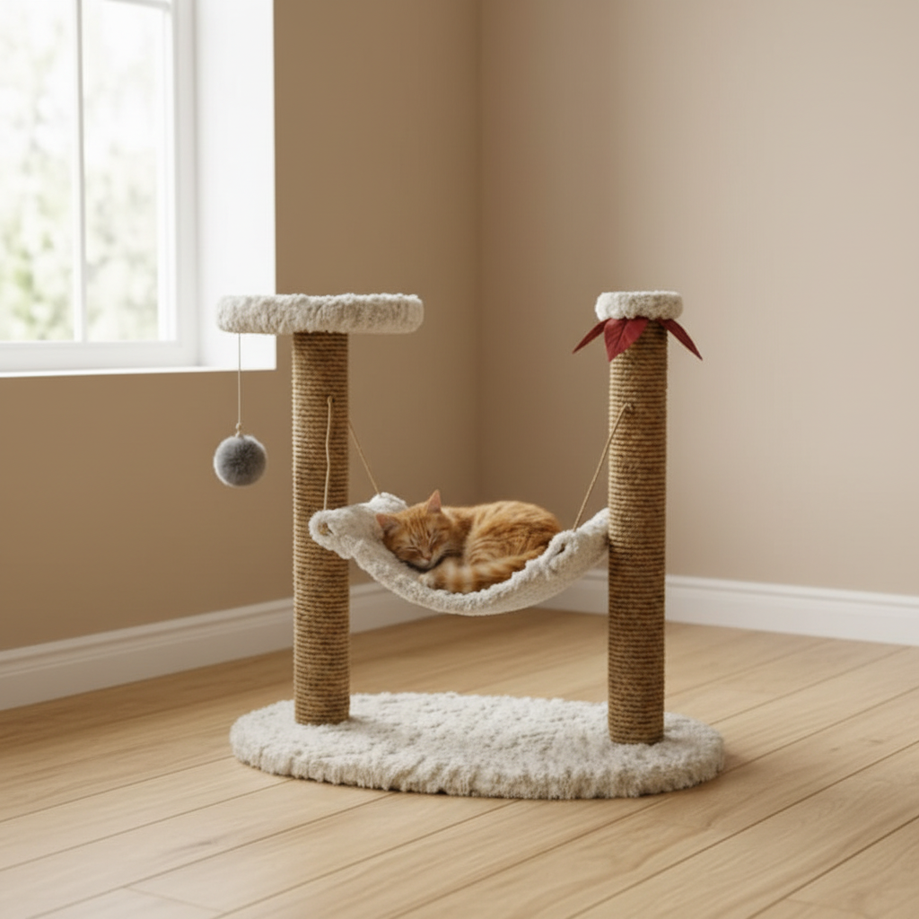 Cat tree with hammock in beige Scandinavian interior