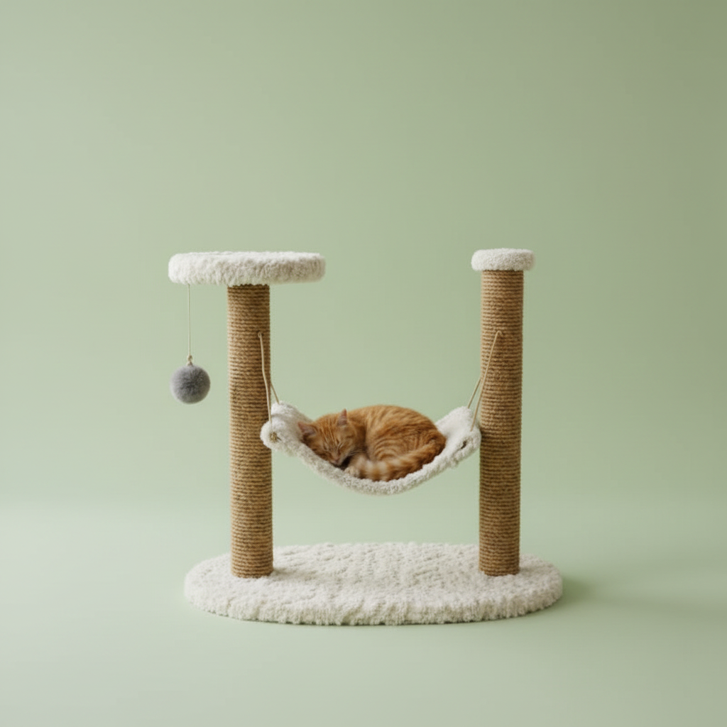 Cat tree with hammock sage green background