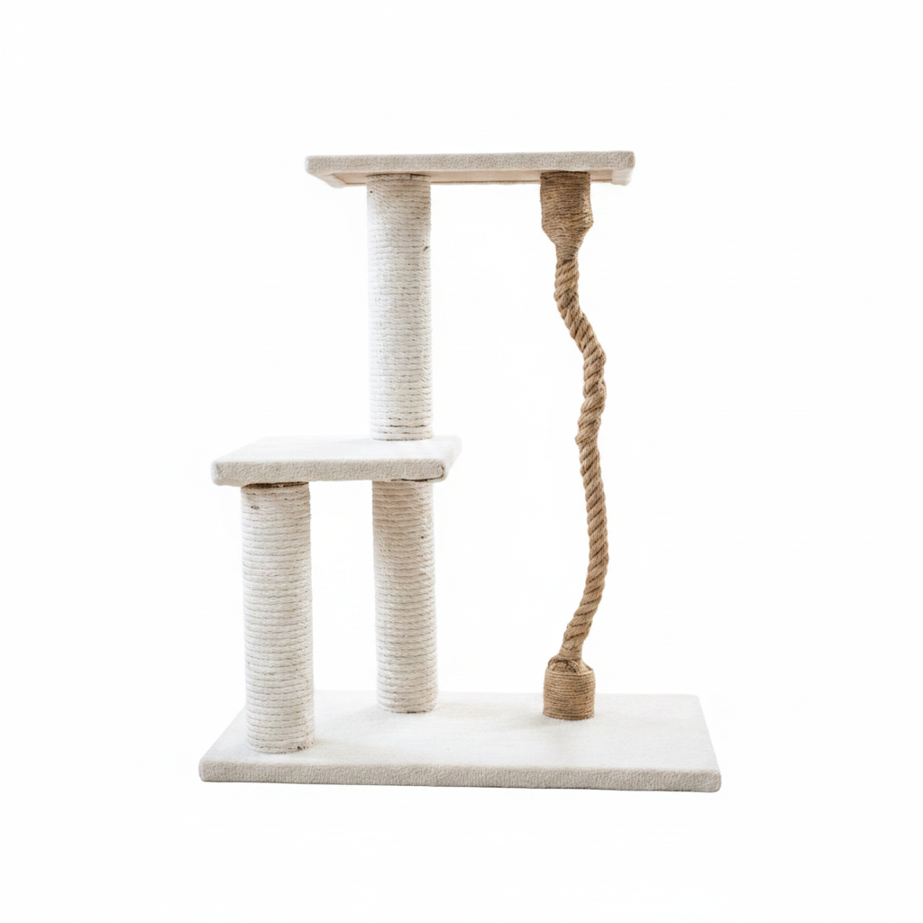 Two-tier cat tree with sisal poles left side view