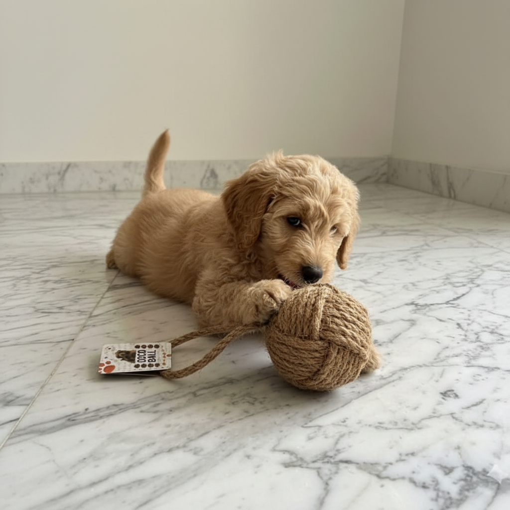 Puppy playing with jute rope ball toy - right side view
