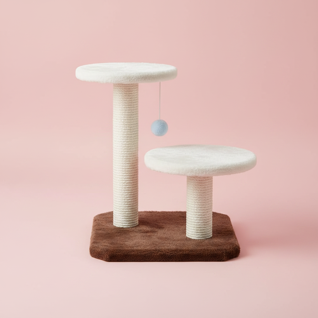 Two-tier fluffy cat tree left side pastel pink background