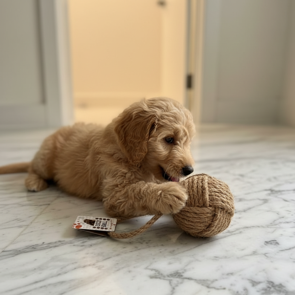 Puppy playing with jute rope ball toy - left side view
