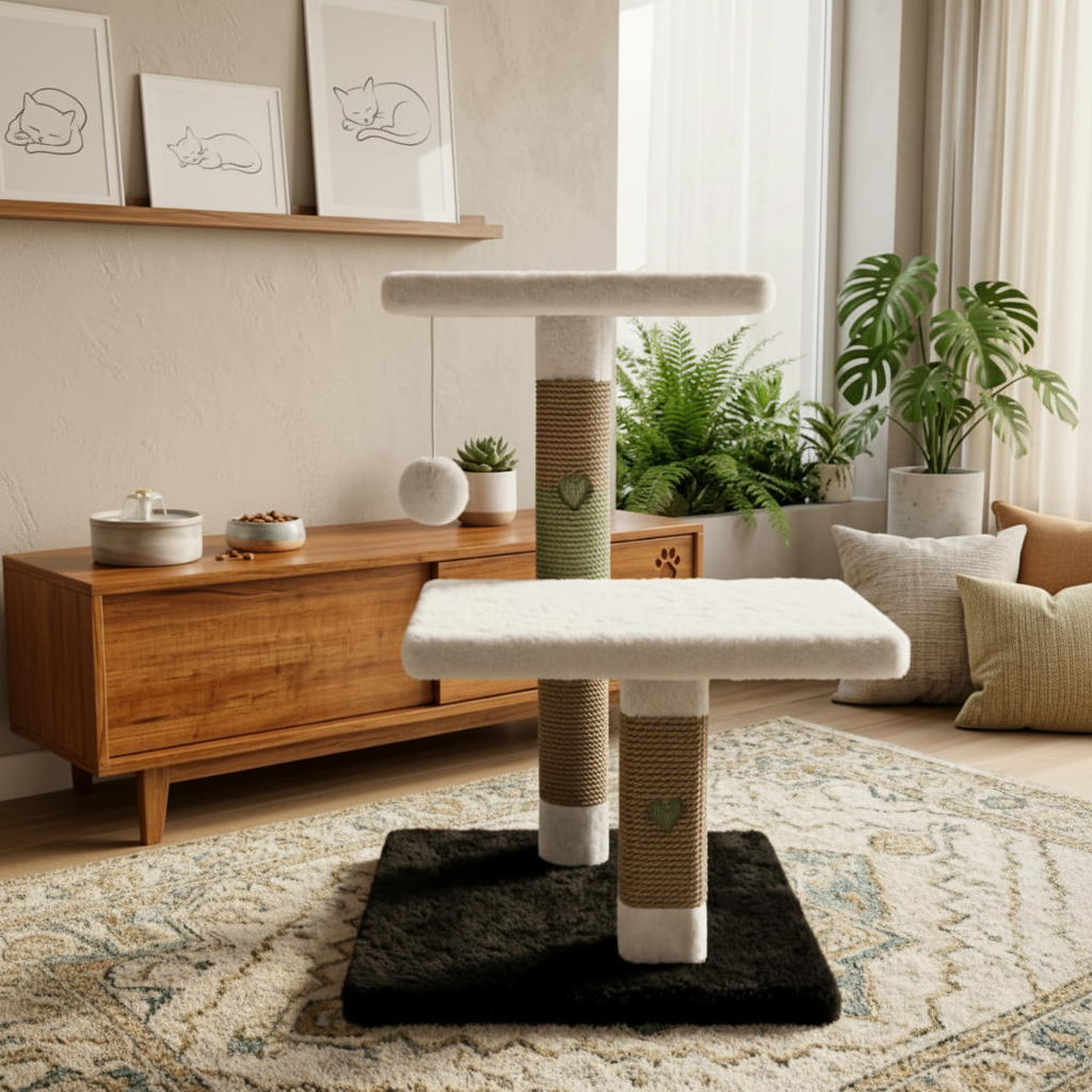 Two-tier cat tree in cozy living room