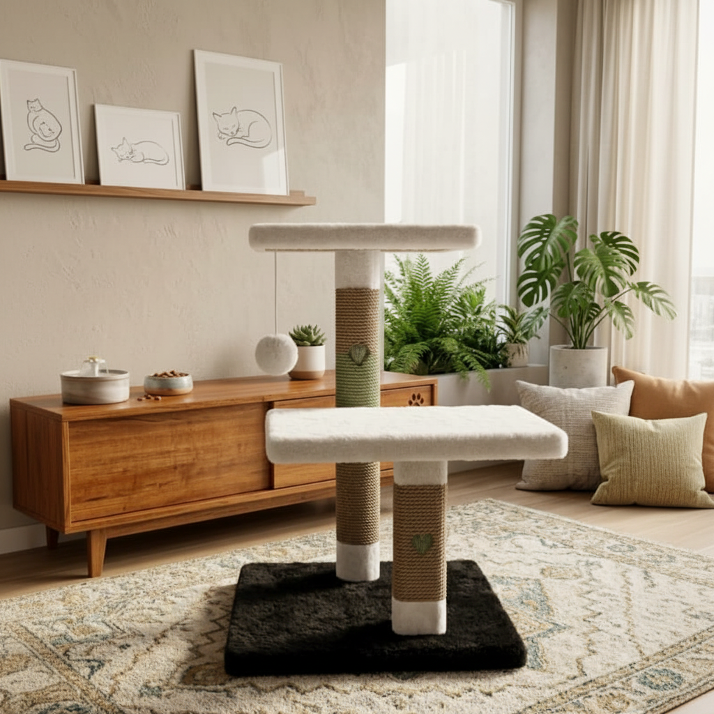Two-tier cat tree beige Scandinavian interior
