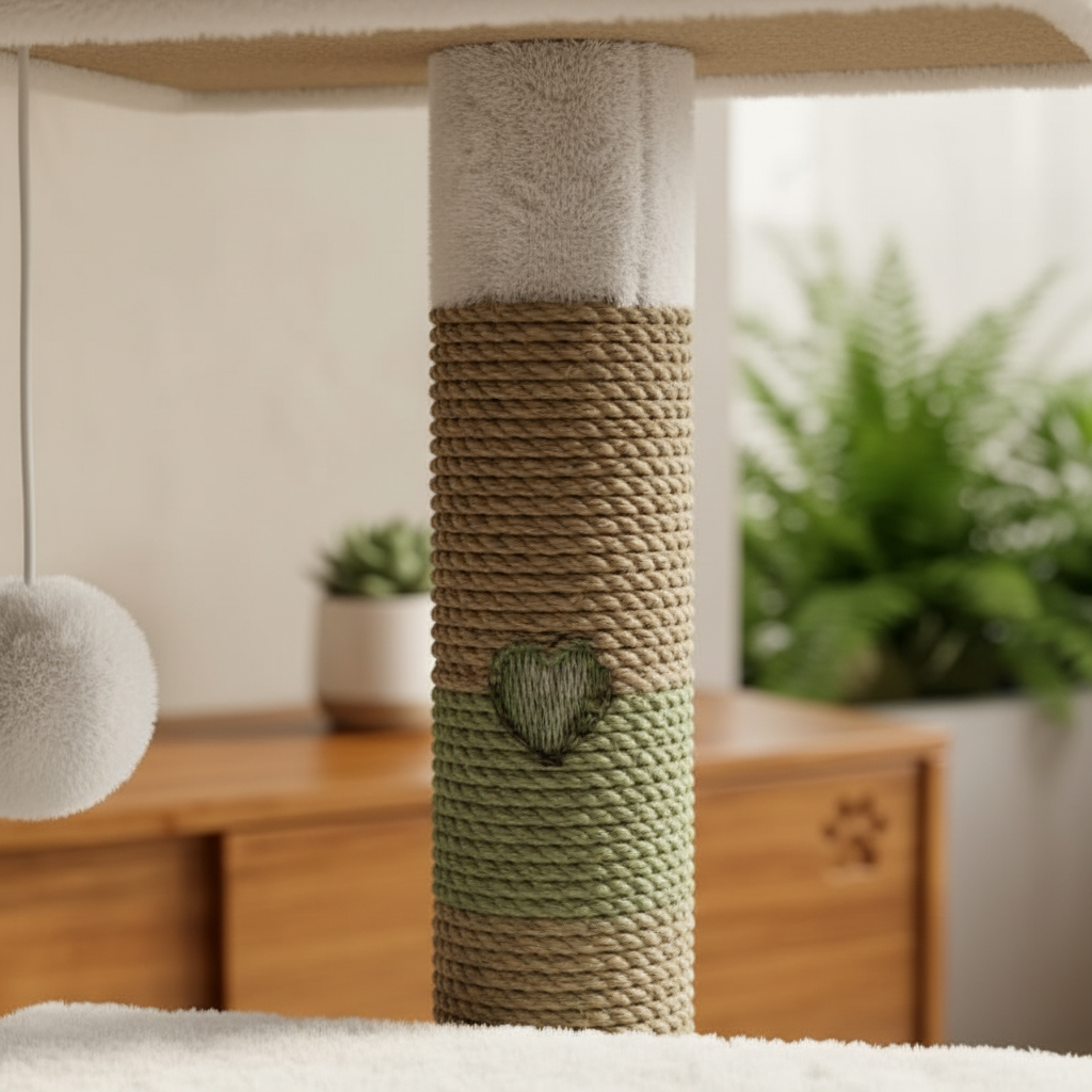 Close-up of fluffy platform and sisal pole texture