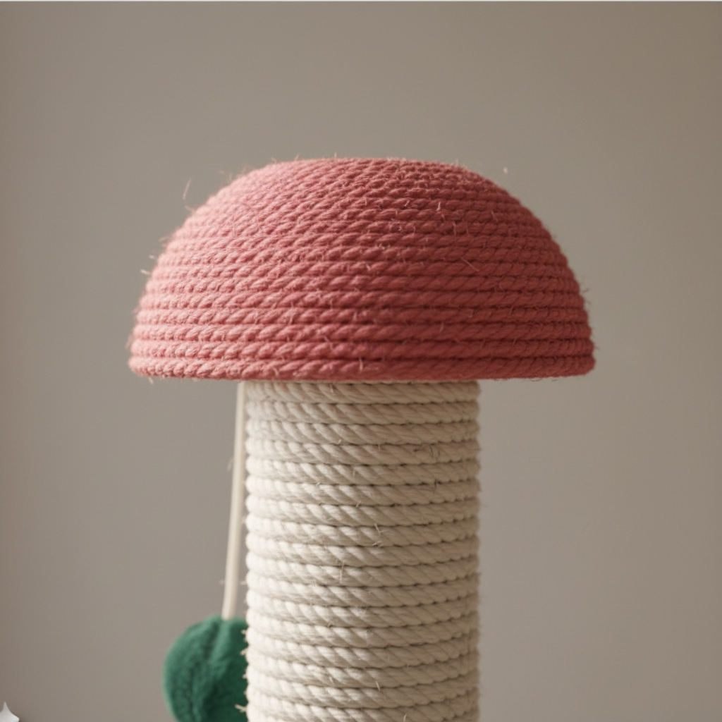 Close-up of pink sisal mushroom cap and rope texture