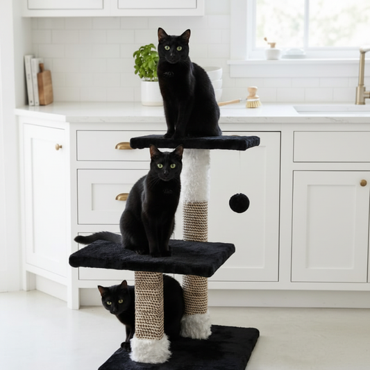 Three-tier black cat tree in modern white kitchen