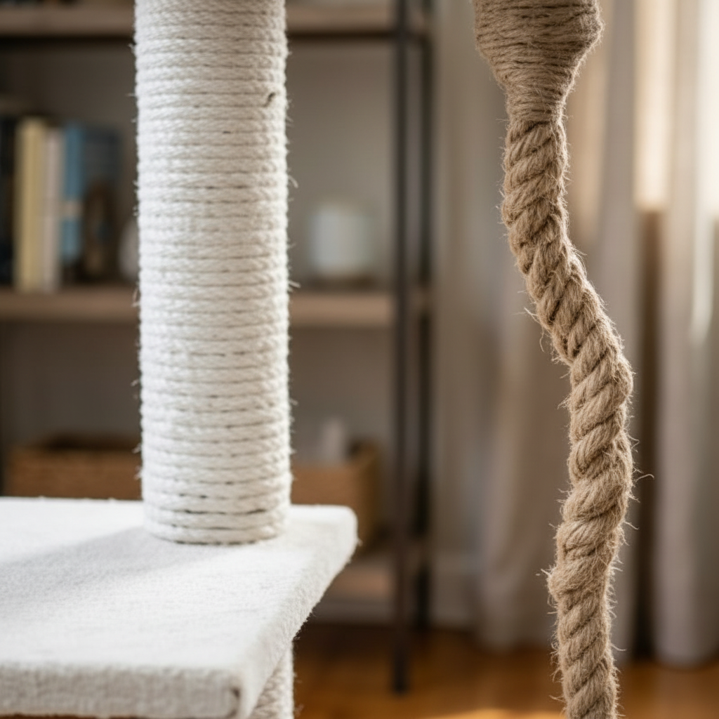 Close-up of sisal rope pole and jute hanging rope texture