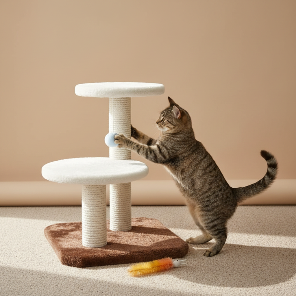 Two-tier fluffy cat tree right side beige background