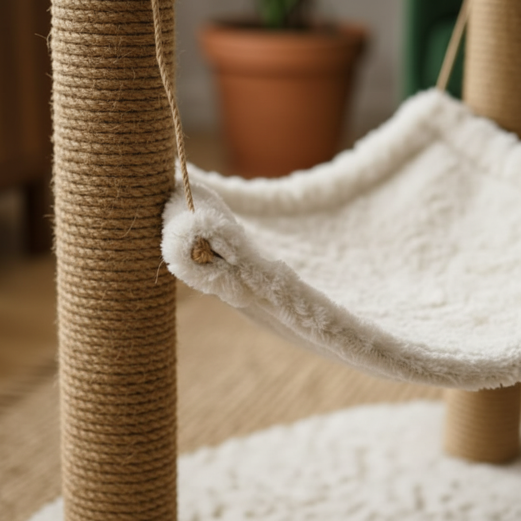 Close-up of fluffy hammock and sisal rope texture