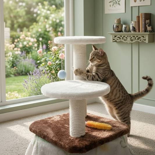 Tabby cat playing on fluffy cat tree in cottage room with garden view