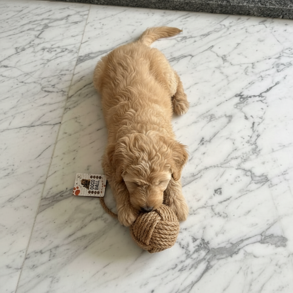 Puppy with jute rope ball toy - top down view